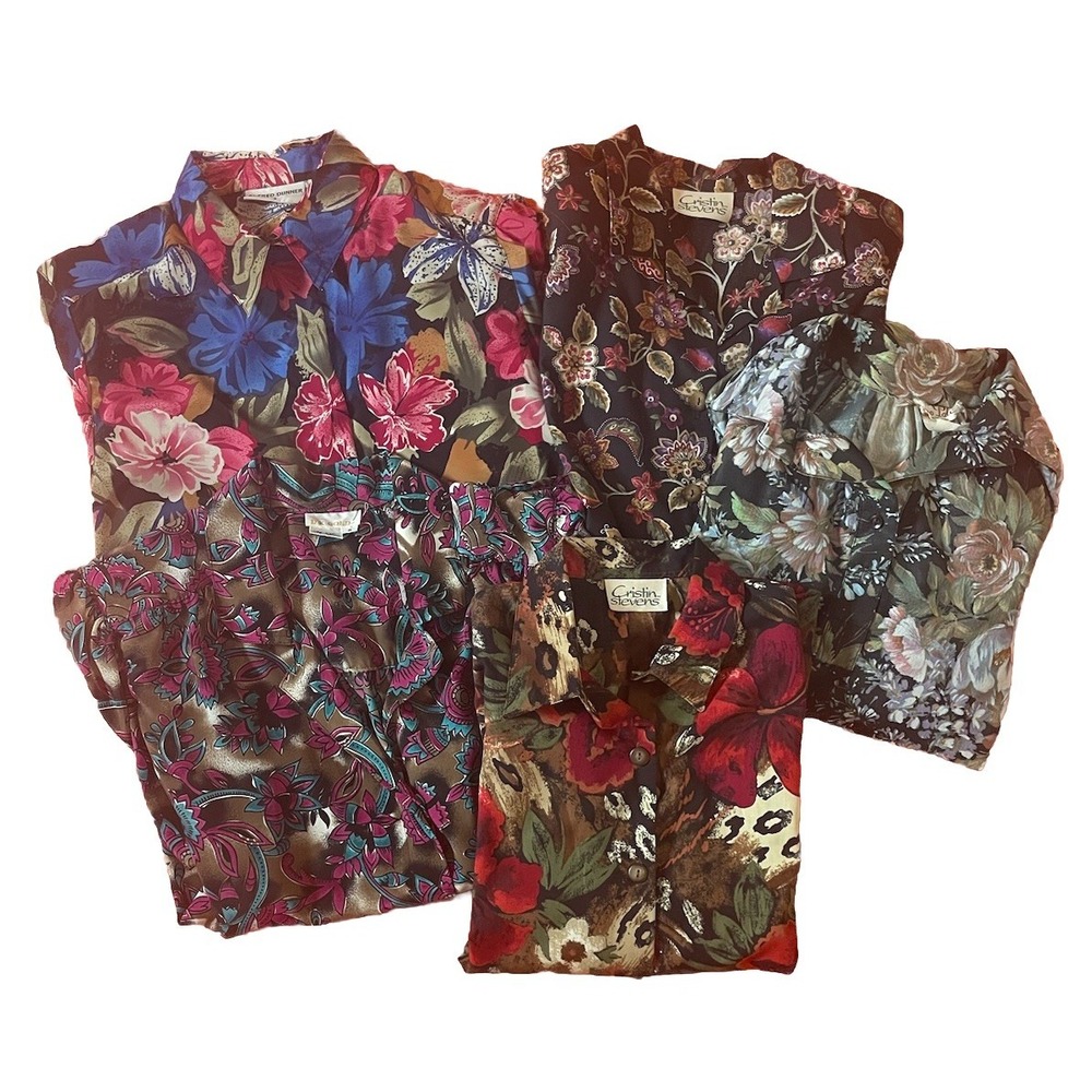 Vtg Lot Of 5 Womens Sz Small LS & SS Grannycore Floral Blouses Dunner Stevens